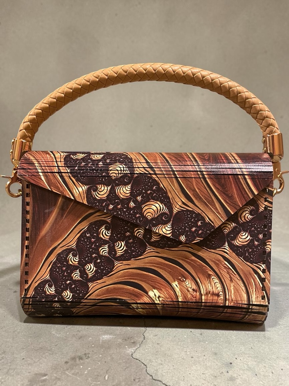 Braided-Handle Swirl Print Top-Handle Homemade Wood Bag